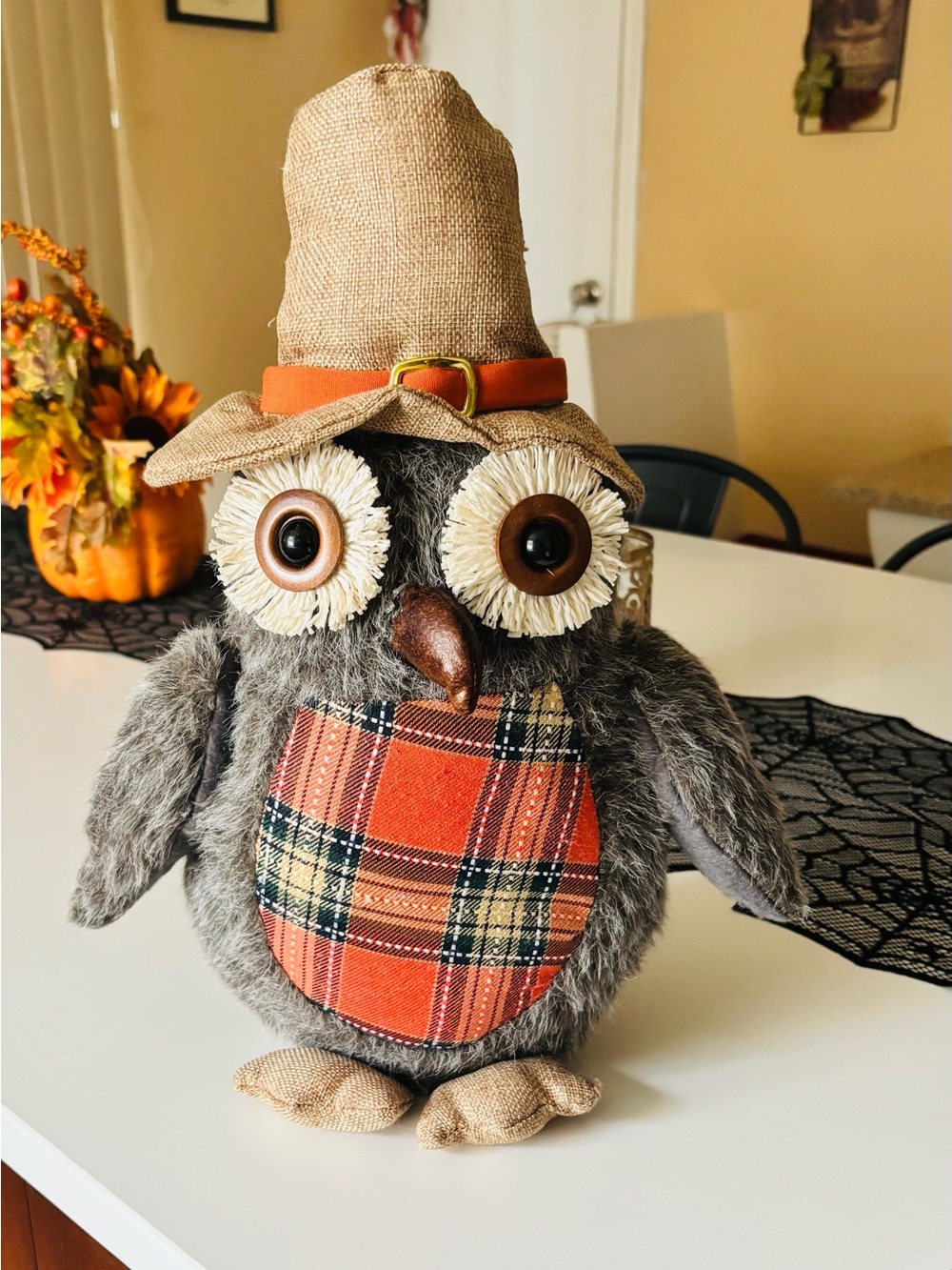 Autumn Orange Plaid Owl Home Accent